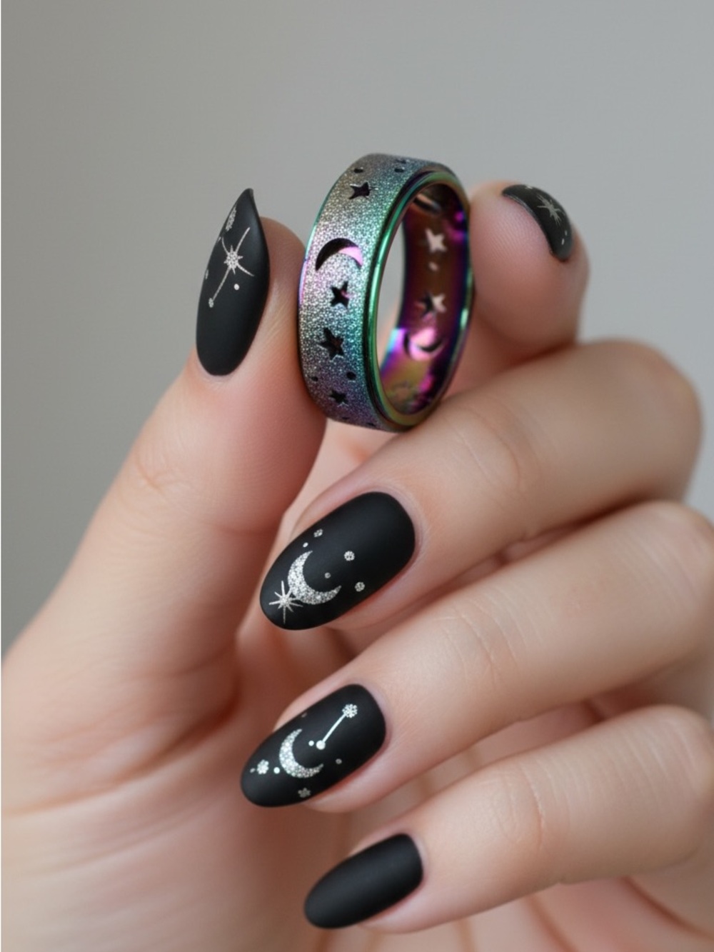 Iridescent Rainbow Moon & Star Women's Fidget Ring. New.